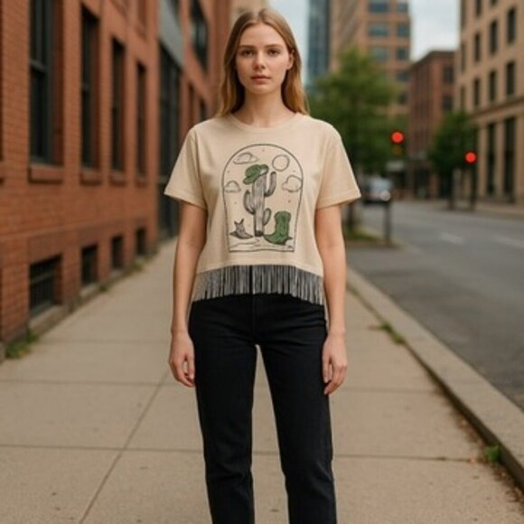 goodie two sleeves Tops - Goodie Two Sleeves Western Graphic Metal Chain Fringe Crop T-Shirt Medium